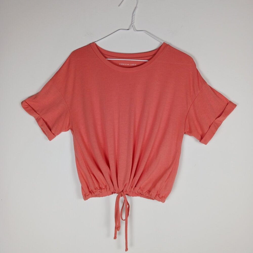 American Eagle Women's Size M Boxy Crop Tee Tie Front Cuff Sleeve Shirt Peach